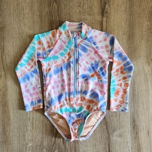 Crewcuts (J. Crew) Girls Pink Tie Dye Rash Guard Long Sleeve One Piece Swimsuit